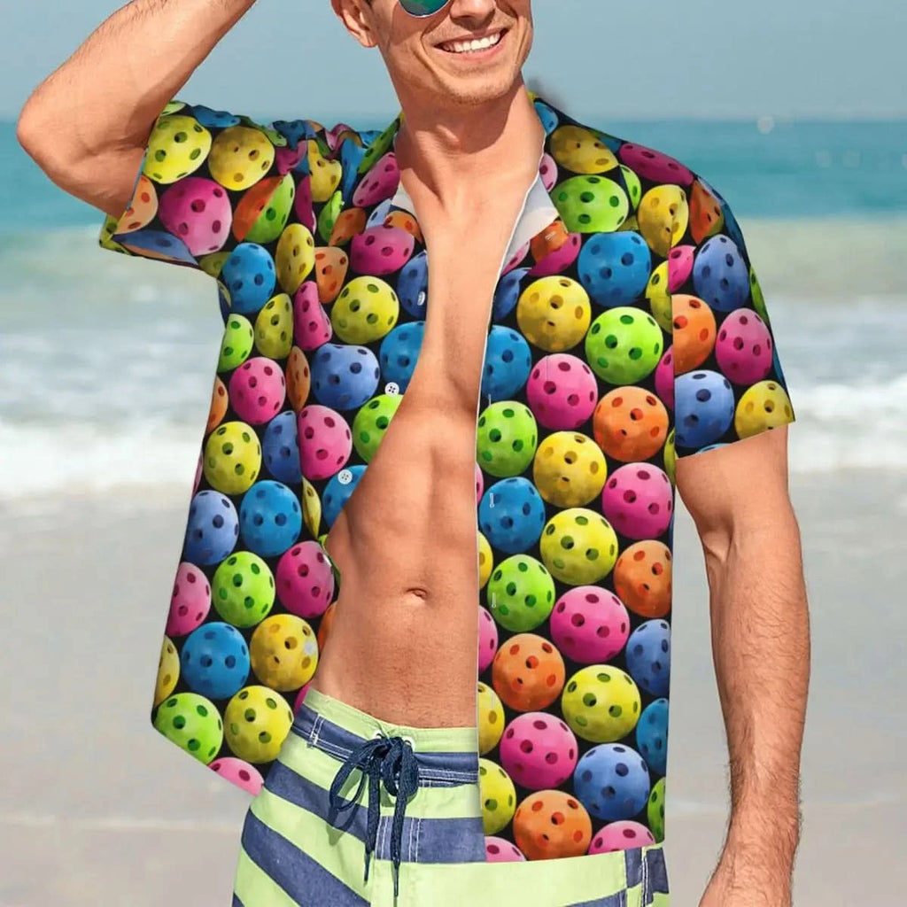 Colorful Ball Beach Shirt Man Pickleball Casual Shirts Hawaiian Short-Sleeve Design Elegant Oversized Blouses Birthday Present - PKL Sportz